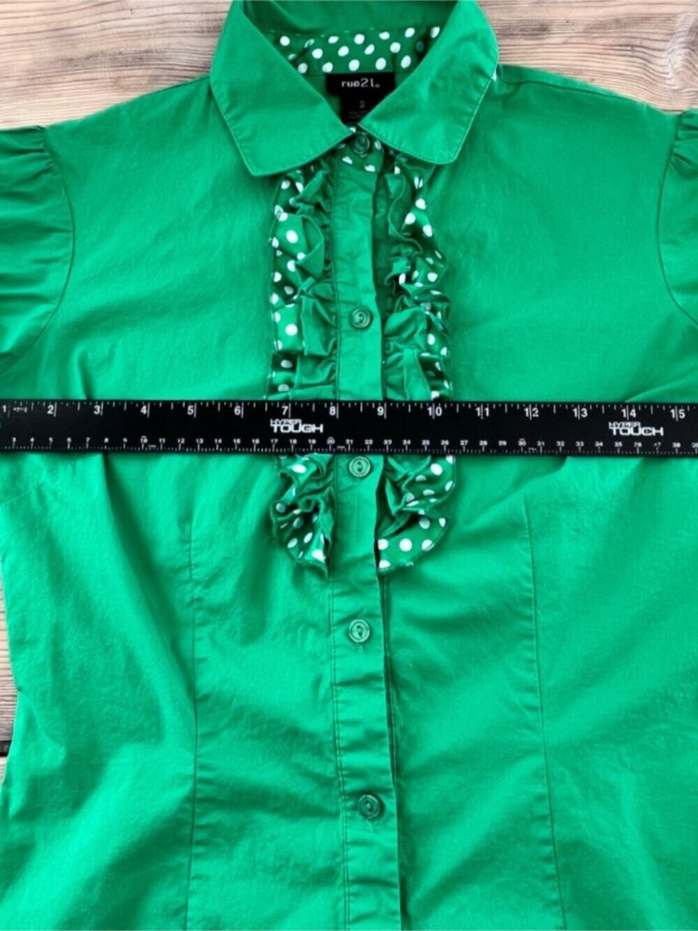Ruffle Button Up Blouse Womens S Green Polka Dot Puff Sleeve - Picture 3 of 5